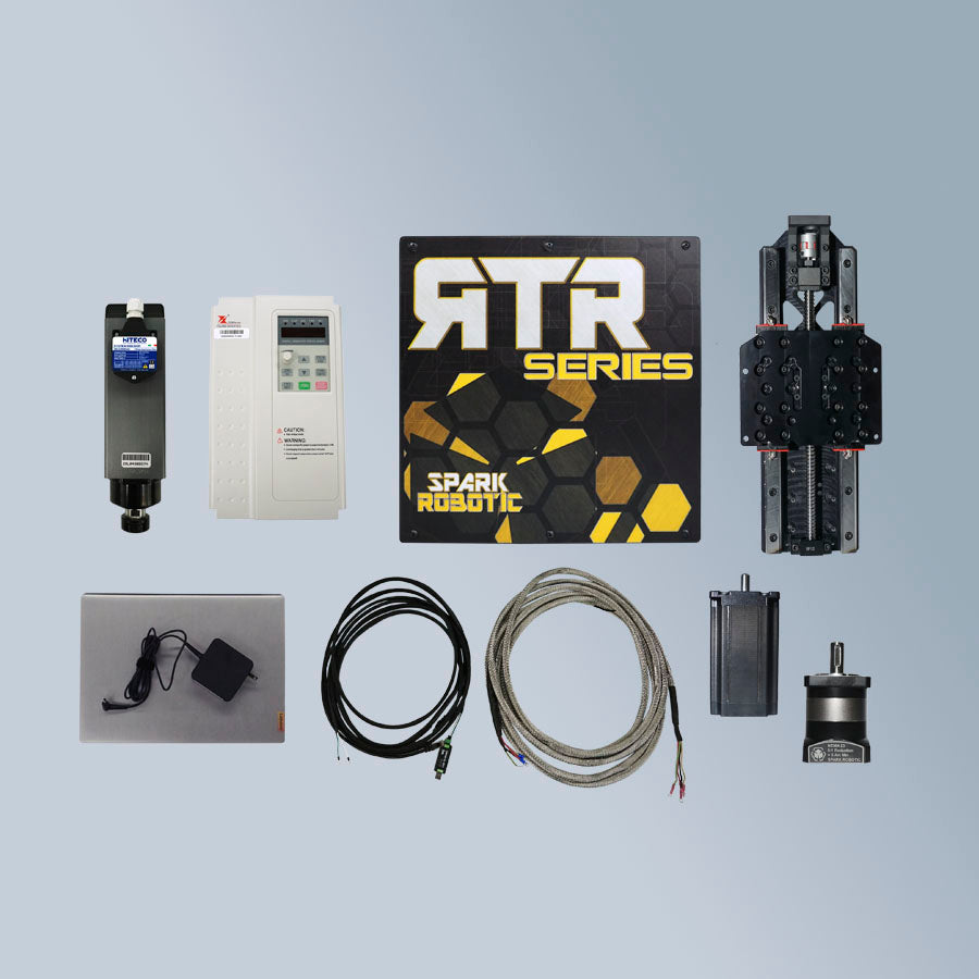 Collection of electronic router components for a control package retrofit and Spark Robotic RTR Series branding on a gray background
