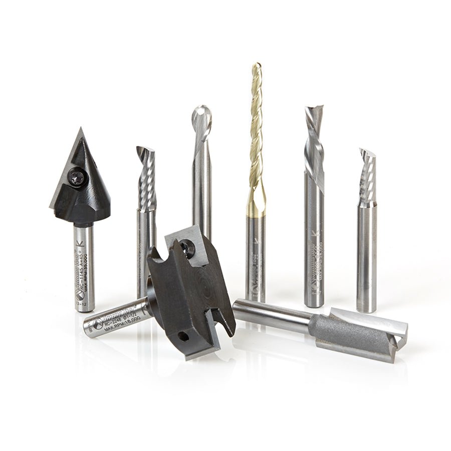 Amana tools AMS - 131 8 - Pc Starter CNC Router Bit Collection II, 1/4 Inch Shank - Spark Robotic
