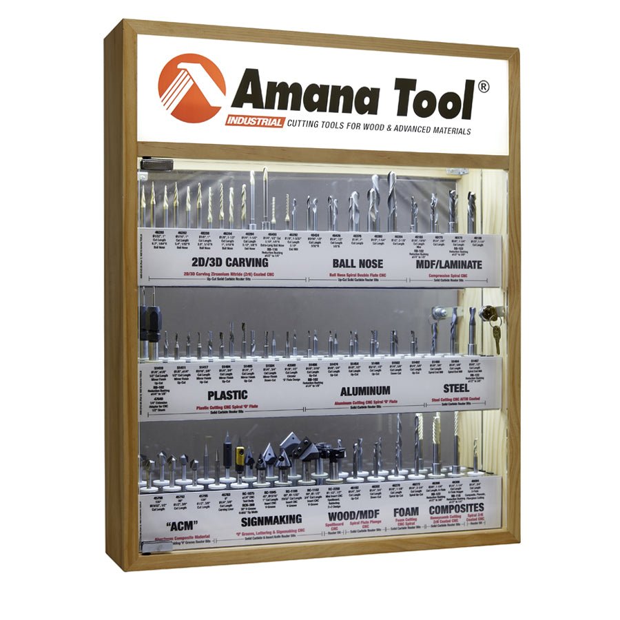 Amana AMS - CNC - 58 - Master CNC Router Bit Collection, 58 - Pcs with LED Illuminated, Mirrored Interior and Solid Wood Display - Spark Robotic