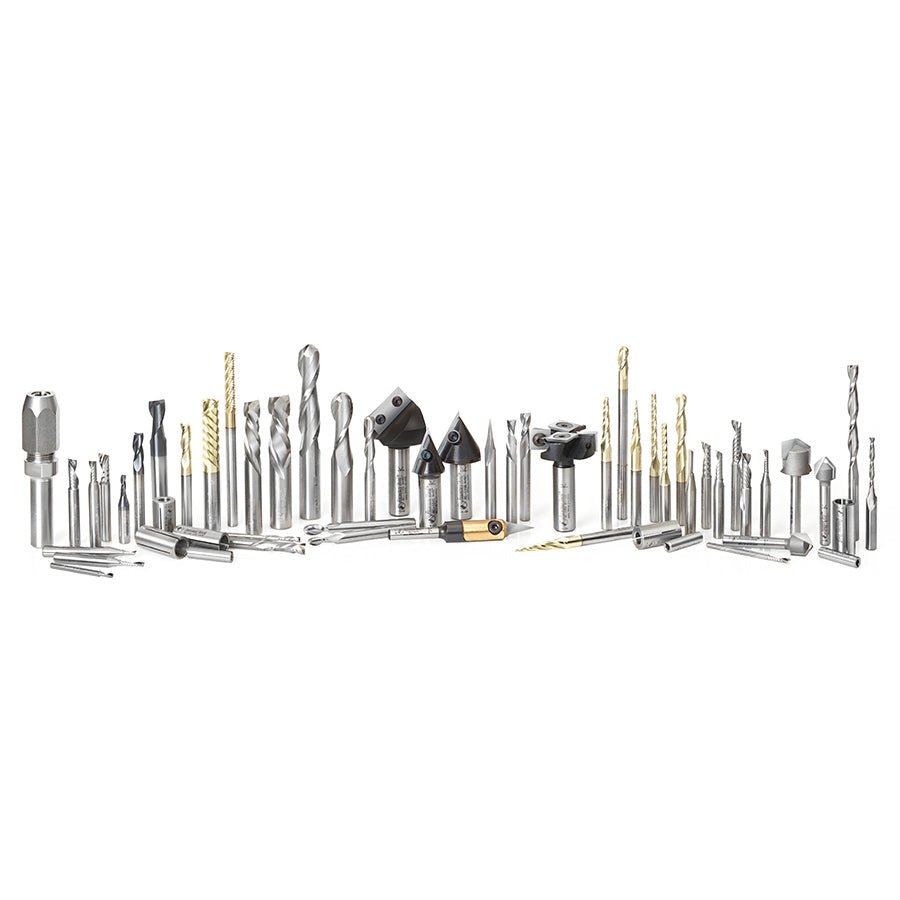 Amana AMS - CNC - 58 - Master CNC Router Bit Collection, 58 - Pcs with LED Illuminated, Mirrored Interior and Solid Wood Display - Spark Robotic