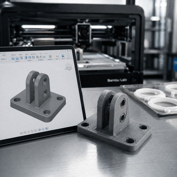 3D printed components on a table with a computer screen displaying 3D model in front of a 3D printer.