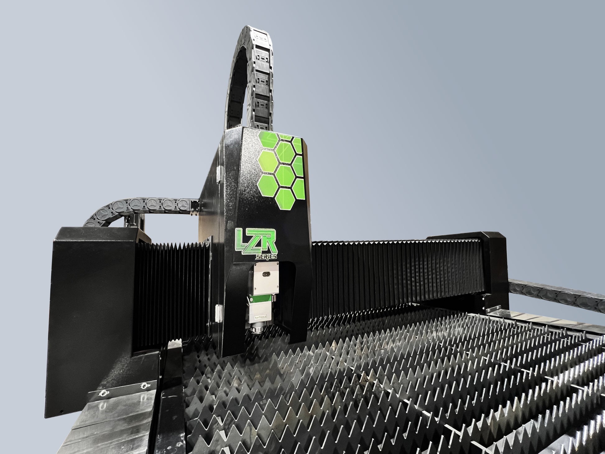 CNC Fiber Laser machine with a green logo on a gray background