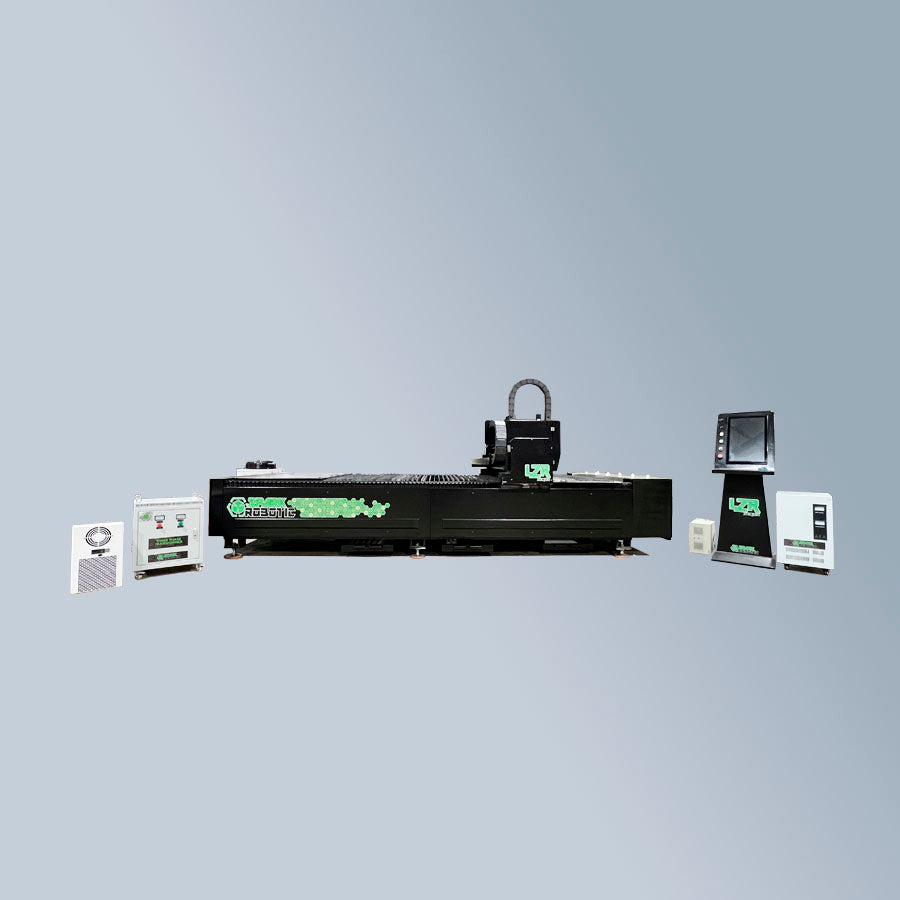 CNC Fiber Laser machine with control panels on a gray background