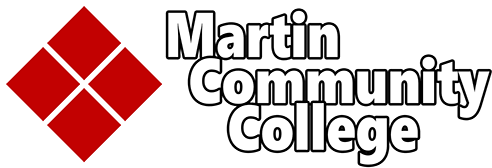 Martin Community College logo with red diamond and white text on black background