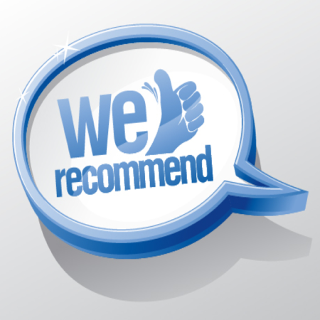 Blue speech bubble with 'we recommend' text and a hand giving a thumbs up on a light gray background
