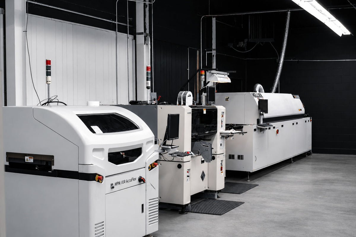 Industrial SMT machinery in a factory setting