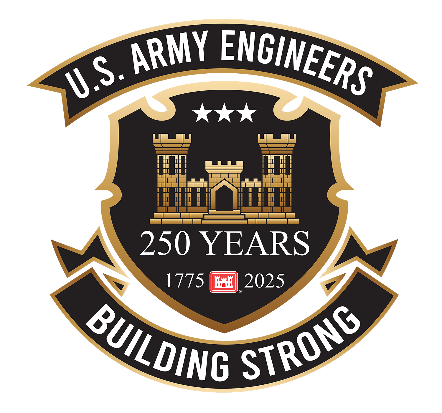 U.S. Army Engineers logo celebrating 250 years with a castle emblem and anniversary text.