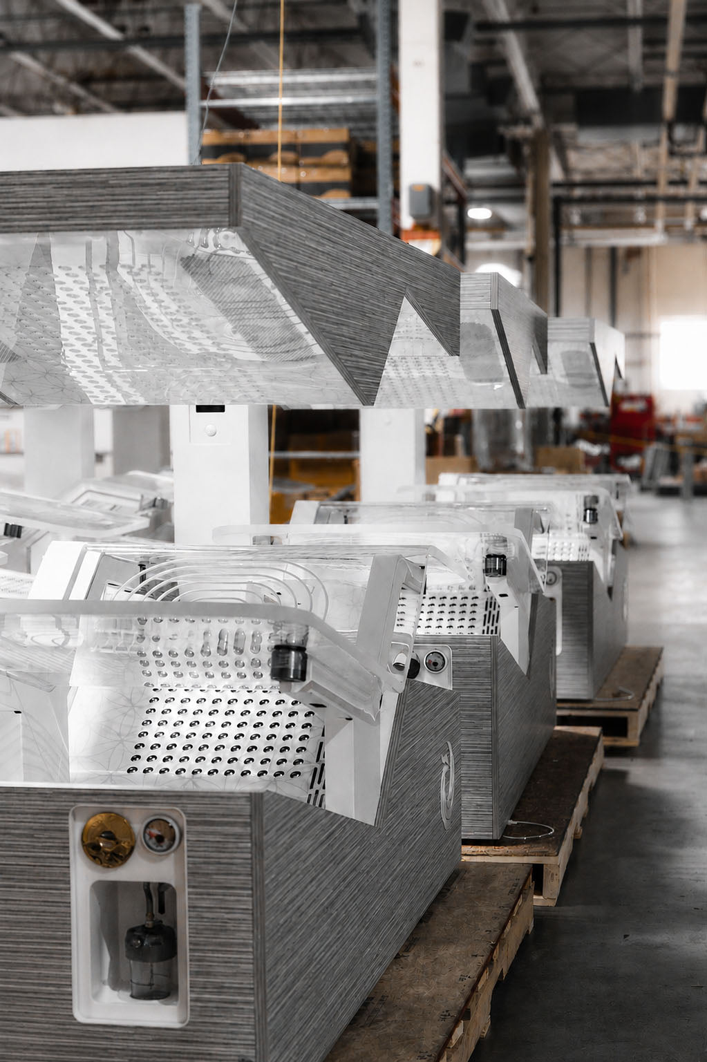 Custom manufacturing for the Ammortal Chamber. Many Chambers lined up in our shipping area ready for client delivery.