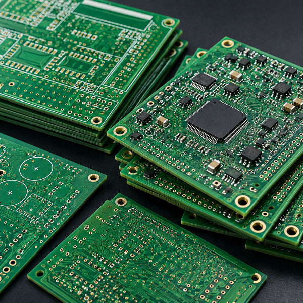 Stack of green circuit boards on a dark surface
