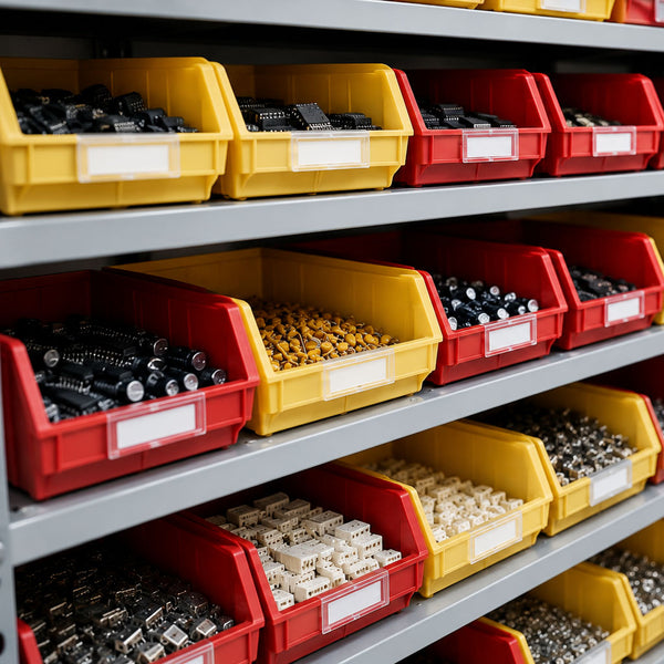 Shelving unit with red and yellow storage bins containing small components.
