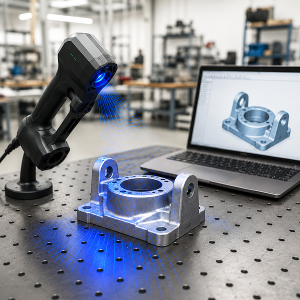 3D scanner scanning a metal part with a laptop displaying 3D model in a workshop setting.