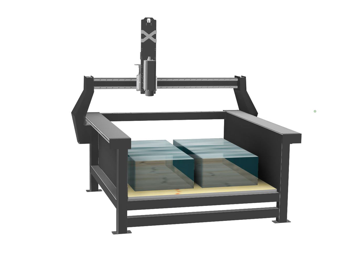 CNC machine with two rectangular objects on a white background