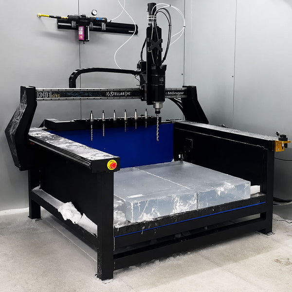 CNC machine in operation on a workbench with a gray background