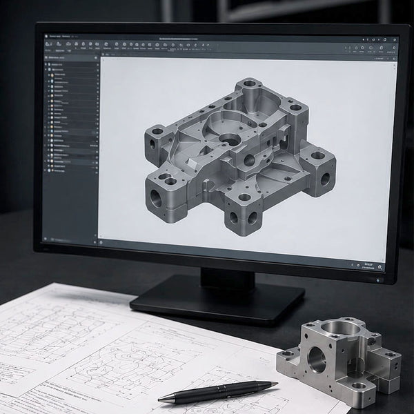 Computer monitor displaying a 3D model of a mechanical part on a desk with blueprints and a pen.