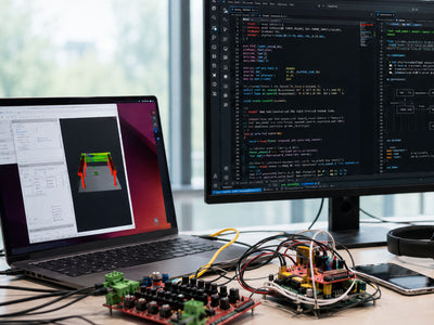 Laptop and monitor displaying code and 3D model on a desk