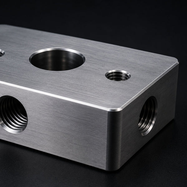 Metal block with threaded holes on a black background