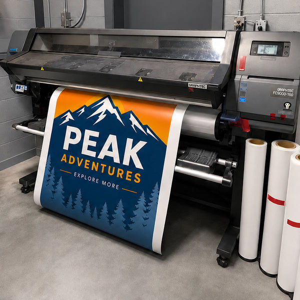 Large vinyl printing machine with a roll of paper featuring 'Peak Adventures' design.