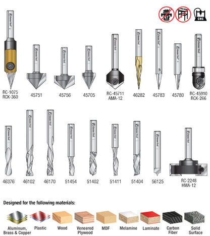 Amana AMS-132 18-Pc Signmaking Advanced CNC Router Bit Collection, 1/4 Inch Shank