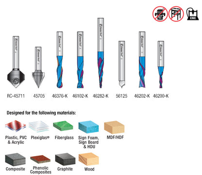 AMS-177-K 8-Pc CNC Router Bit Collection featuring V-Grooves, Point Roundover and Multi-Purpose Spektra™ Bits, 1/4 Shank