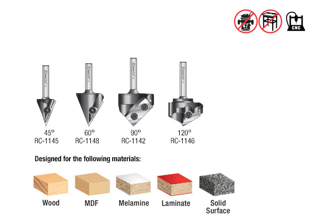 Amana AMS-225 4-Pc 3D CNC Signmaking, Lettering & Engraving Insert Solid Carbide 45, 60, 90 & 120 Degree V-Groove Router Bit Collection, 1/4 Inch Shank