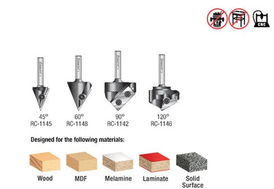 Amana AMS - 225 4 - Pc 3D CNC Signmaking, Lettering & Engraving Insert Solid Carbide 45, 60, 90 & 120 Degree V - Groove Router Bit Collection, 1/4 Inch Shank - Spark Robotic