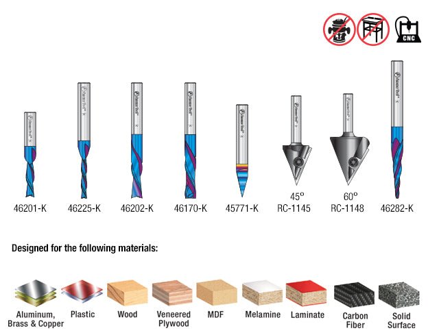 Amana AMS - 230 Joos CNC 8 - Pc Advance Router Bit Set, 1/4 Inch Shank - Spark Robotic