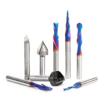 AMS-177-K 8-Pc CNC Router Bit Collection featuring V-Grooves, Point Roundover and Multi-Purpose Spektra™ Bits, 1/4 Shank