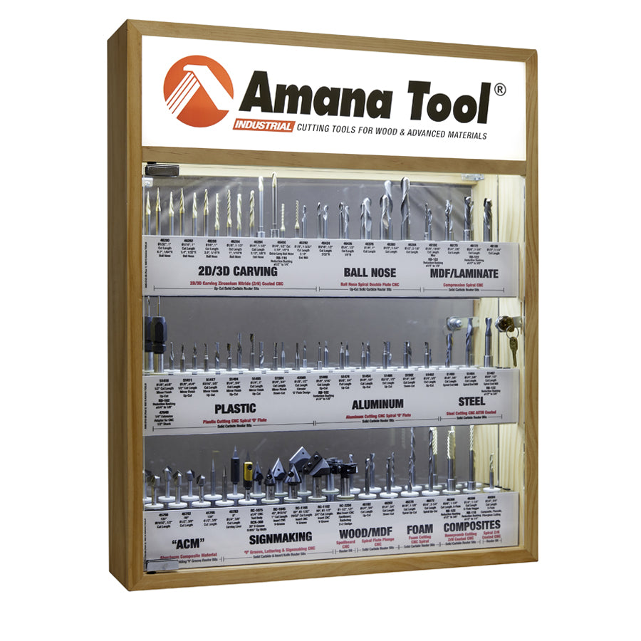 Amana AMS-CNC-58 - Master CNC Router Bit Collection, 58-Pcs with LED Illuminated, Mirrored Interior and Solid Wood Display