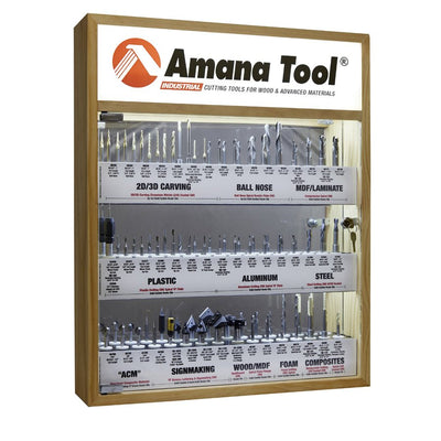 Amana AMS - CNC - 58 - Master CNC Router Bit Collection, 58 - Pcs with LED Illuminated, Mirrored Interior and Solid Wood Display - Spark Robotic