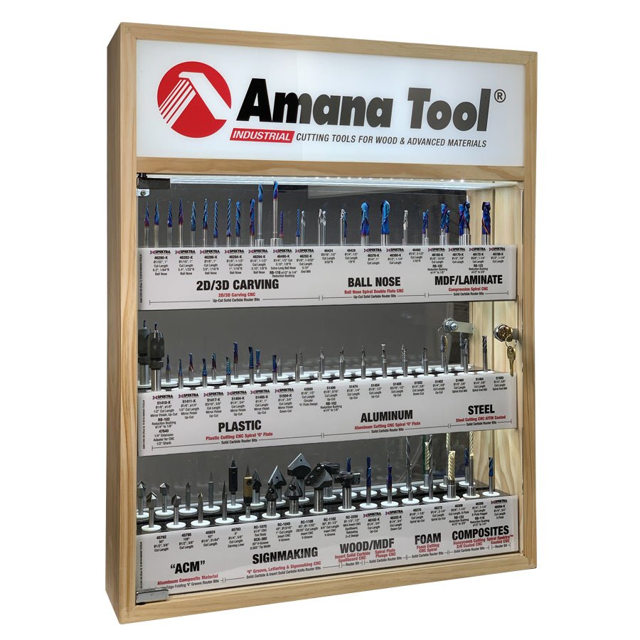 Amana AMS - CNC - 60 - Master CNC Router Bit Collection, 57 - Pcs with LED Illuminated, Mirrored Interior and Solid Wood Display - Spark Robotic